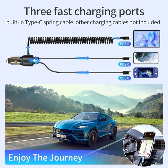 110W USB C Car Charger Fast Charging, with 5.7ft Type C Retractable Coiled Cable - Picture 5 of 14